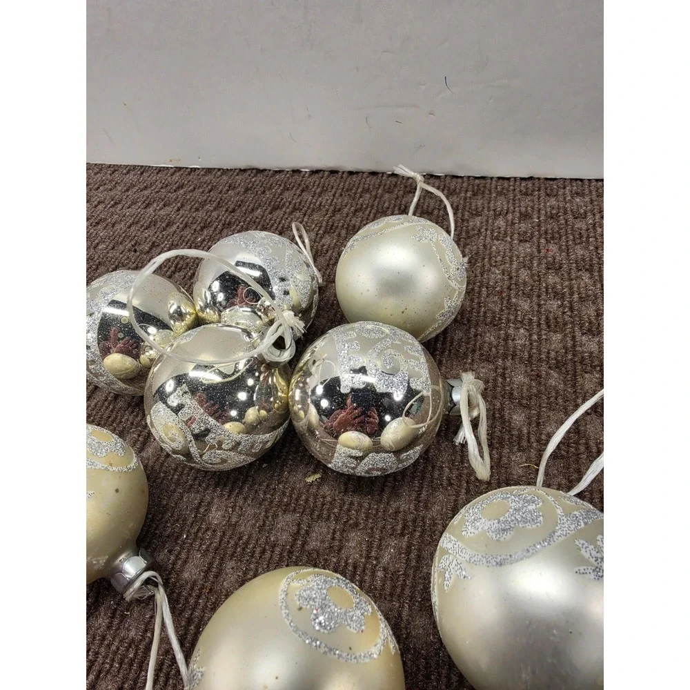 Vintage Holly Glass Christmas Ornaments Silver Champagne Glitter Scroll Set of 8